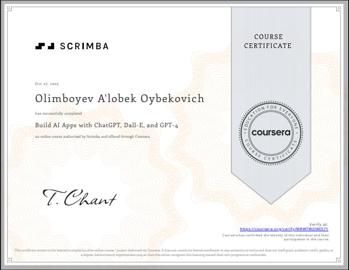 Build AI Apps with ChatGPT Certificate